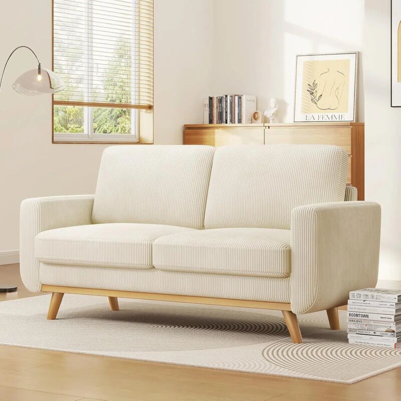 2-Sitzer-Sofa aus Cord, modernes Zweisitzer-Sofa mit extra tiefer Sitzfläche für das Wohnzimmer, Beine aus Massivholz, 173 x 76 x 89 cm, Beige