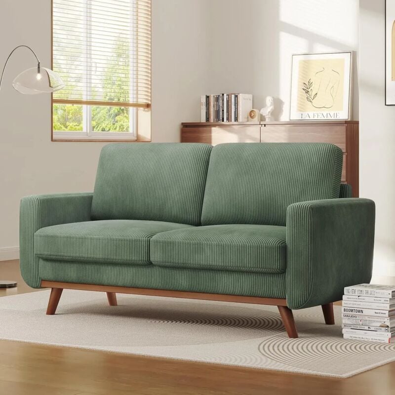 2-Sitzer-Sofa aus Cord mit Massivholz, modernes Loveseat-Sofa mit extra tiefer Sitzfläche für das Wohnzimmer, 173 x 76 x 89 cm, Grün