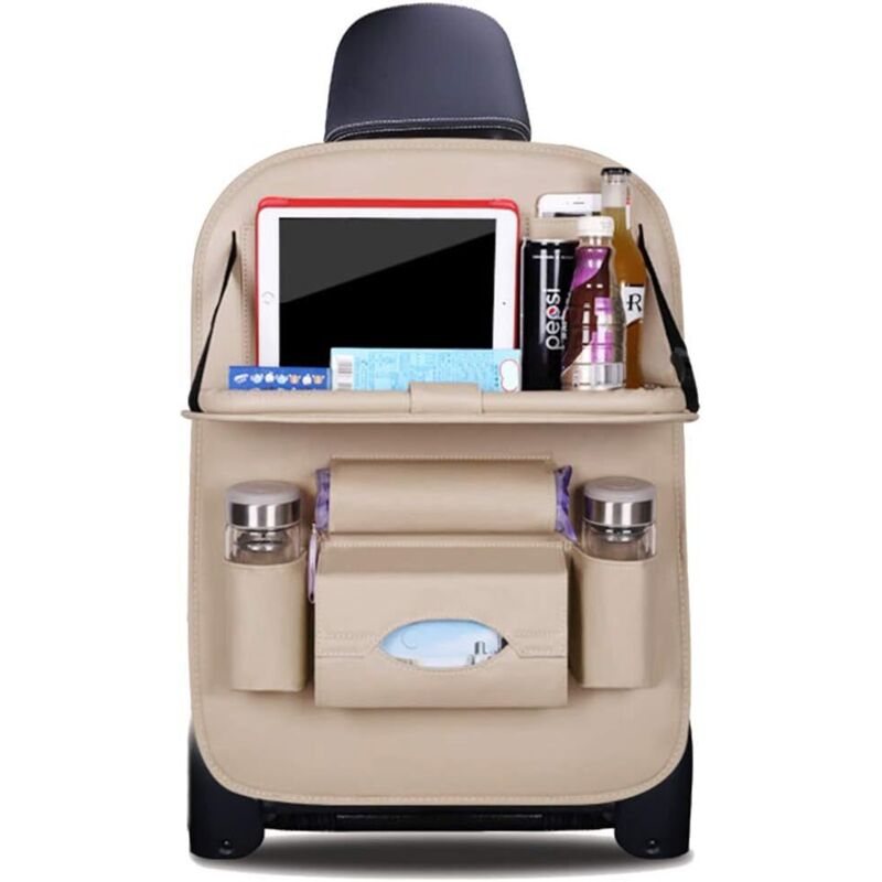 Car Organizers Kick Mats Luxury PU Leather Back Seat Protector with Foldable Tablet Holder Waterproof Car Organizers Storage (Beige, 1 Pack)