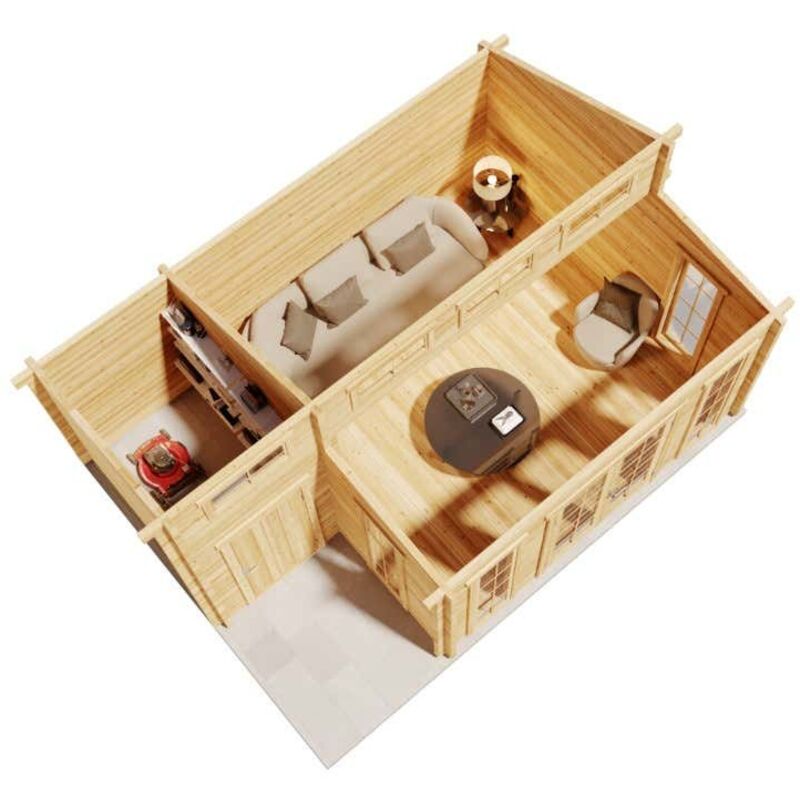 Gartenhaus Lausitz iso mit Anbau Gartenhaus aus Holz in Pinie, Holzhaus mit 70 mm Wandstärke, Blockbohlenhaus mit Montagematerial - Alpholz