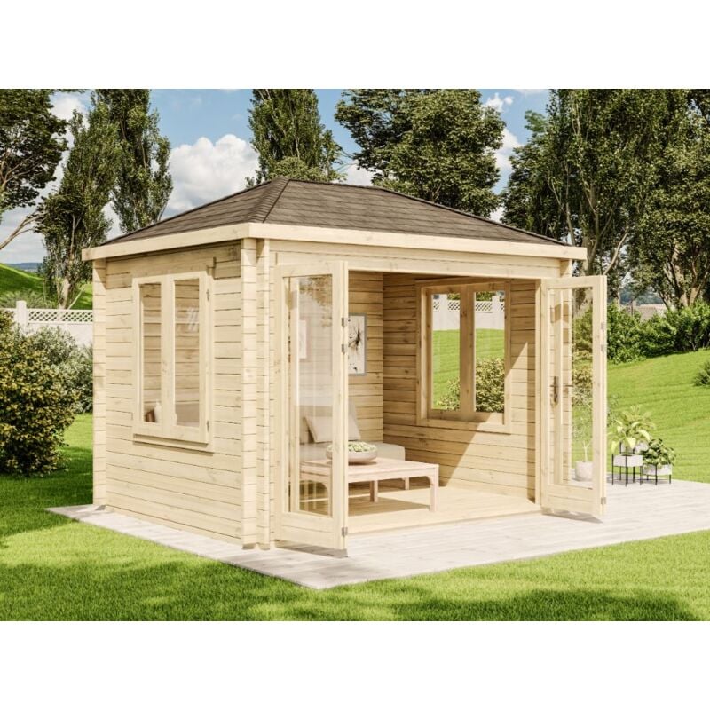 Alpholz Gartenhaus Summertime-40 mit großer Falttür Gartenhaus aus Holz, Holzhaus mit 40 mm Wandstärke, Blockbohlenhaus mit Montagematerial