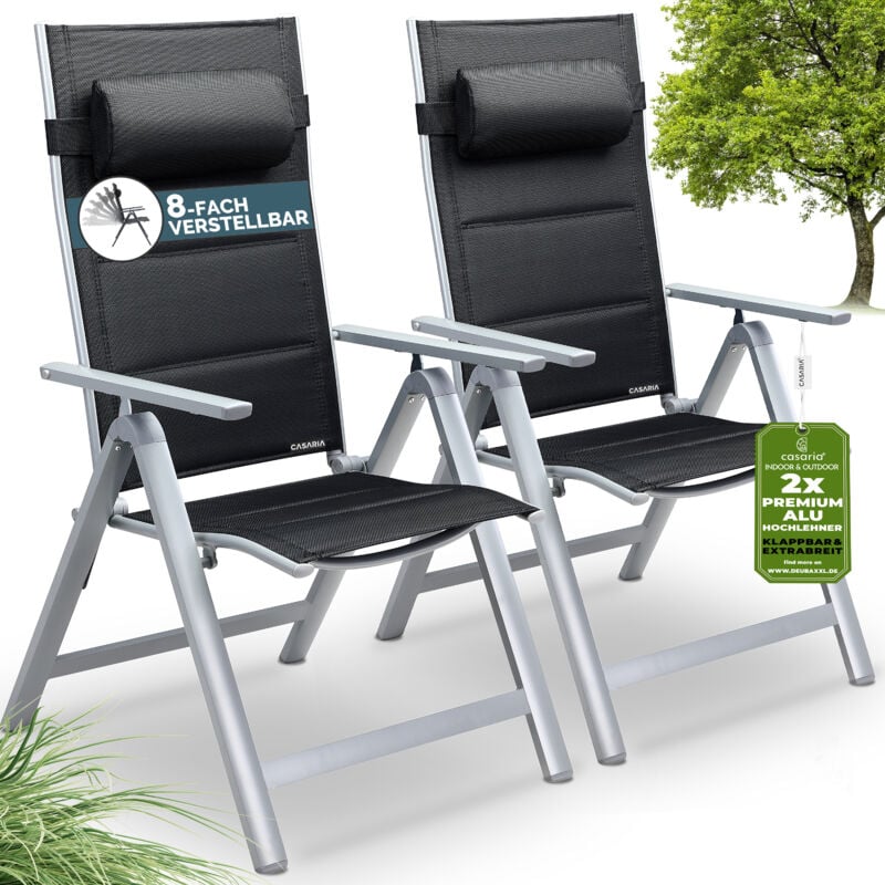 Gartenstühle Set Klappbar Gepolstert Alu 8- Fach Verstellbar 120 kg Belastbarkeit Wetterfest Outdoor Balkon Camping Hochlehner Klappstuhl silber