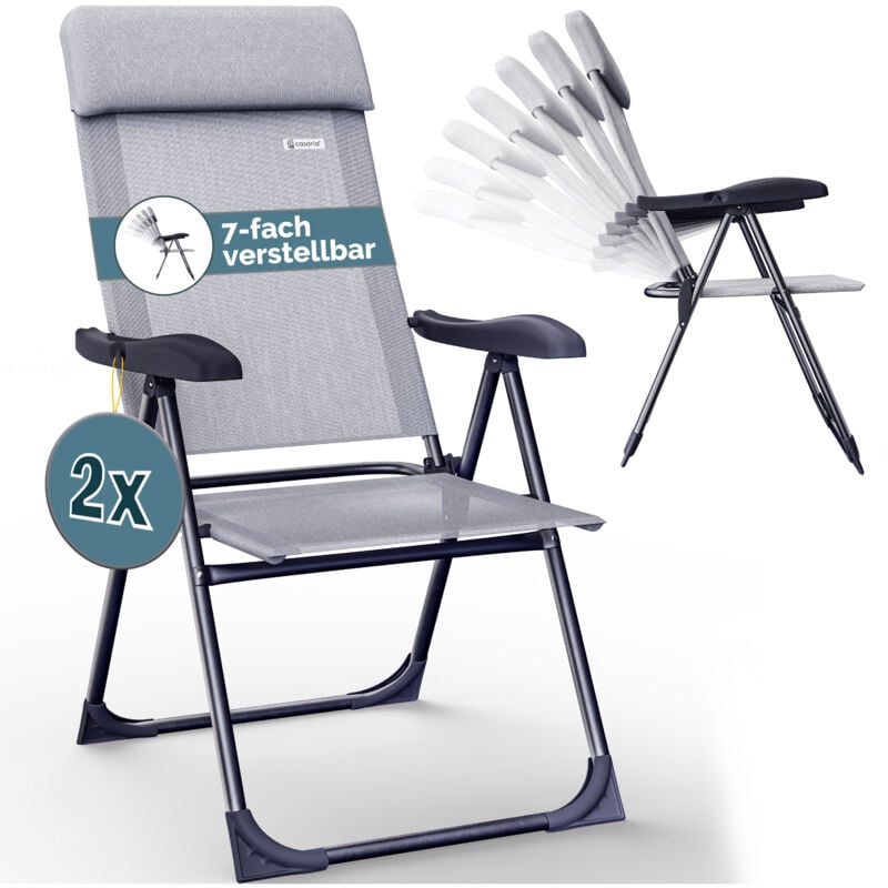 Gartenstühle Set Klappbar 7-fach Verstellbar Alu mit hoher Rückenlehne Liegefunktion Faltbar Balkon Campingstuhl Klappstuhl Hochlehner 2er Set Grau
