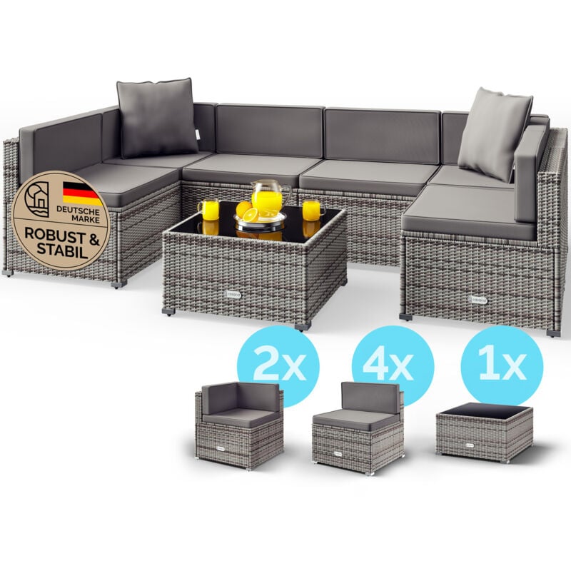 Gartenmöbel Set Lounge Polyrattan 5 Personen Wetterfest Balkonmöbel Tisch Sicherheitsglas Outdoor Terrasse Eck Sofa Sitzkissen Grau-Anthrazit