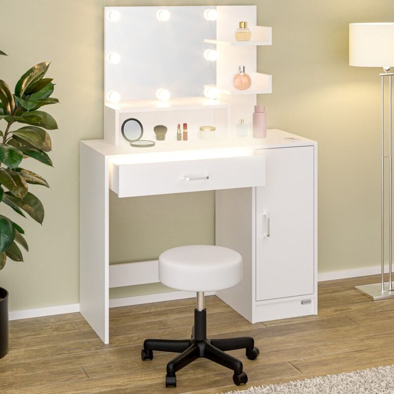 Schminktisch Jocelyn mit Hocker LED-Beleuchtung Spiegel Schublade 3 Ablagen Make-up Kosmetiktisch Frisiertisch Schminkkommode Holz Weiß mit led und