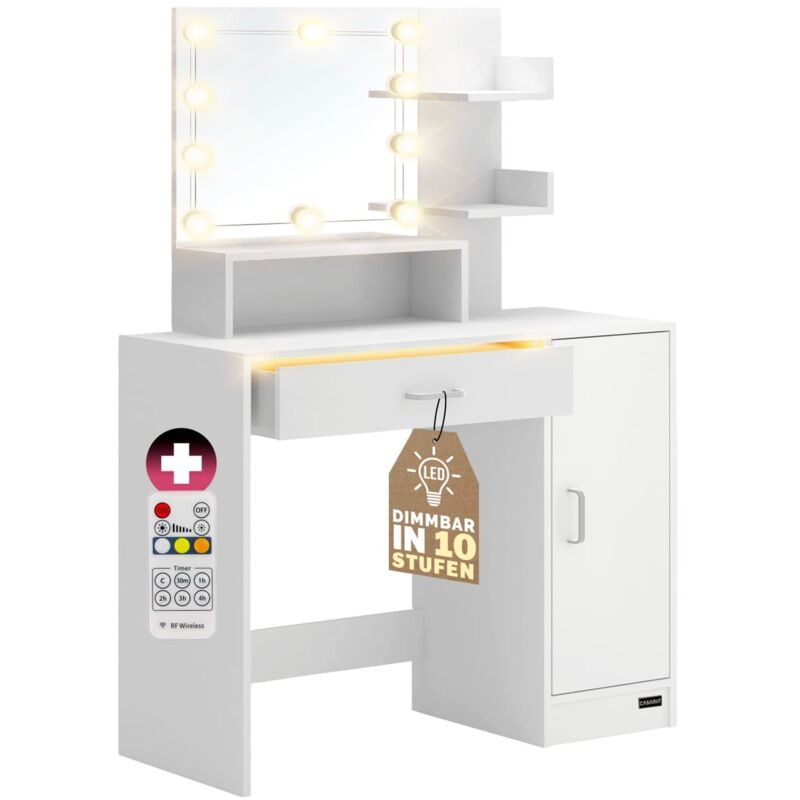 Schminktisch Jocelyn mit LED-Beleuchtung Spiegel Schublade 3 Ablagen Make-up Schlafzimmer Kosmetiktisch Frisiertisch Schminkkommode Holz Weiß