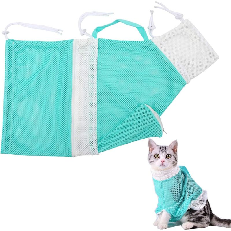 Cat Shower Net Bag Adjustable Cat Wash Bag Multifunctional Cat Restraint Bag for Cat Bathing, Trimming Nails, Clean Ears(2PCS, Blue+Pink)