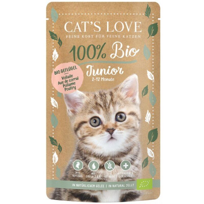 CAT'S LOVE 100 % Bio Beutel für Katzen 100 g – Junior Bio-Geflügel – Bio-Geflügel in natürlicher Gelatine 100 g