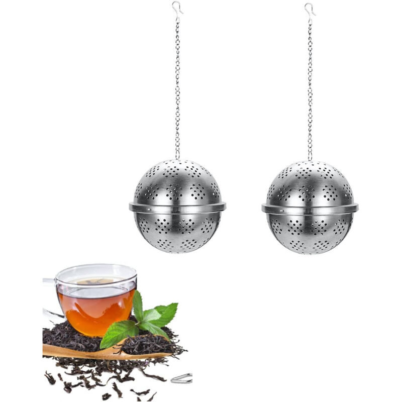 Ccykxa - 2 Stück Tee-Ei 5,5 cm, Tee-Ei aus Edelstahl mit Kette und Abtropfschale, Teesieb-Kugel, Filter für Teegewürze und Gewürze