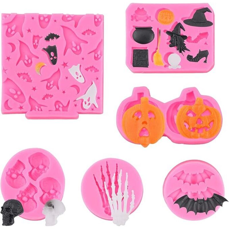 CCYKXA 6 Stück Halloween-Silikonformen für Fondant, DIY, Schokolade, Kuchen, Süßigkeiten, Gelee, Süßigkeiten, Kürbis, Fledermaus, Geist, Hexe, zum