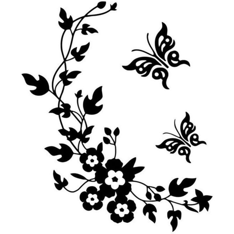 CCYKXA Abnehmbare schwarze Vinyl-Wandtattoos – Blumen- und Schmetterlingsmotiv – Heimdekoration – Langlebig und praktisch