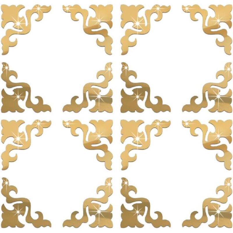 CCYKXA Filigrane Kunststoff-Spiegel-Wandaufkleber, Acryl-Möbeldekoration, goldene Wandtattoos, 10 x 10 cm, 16 Stück