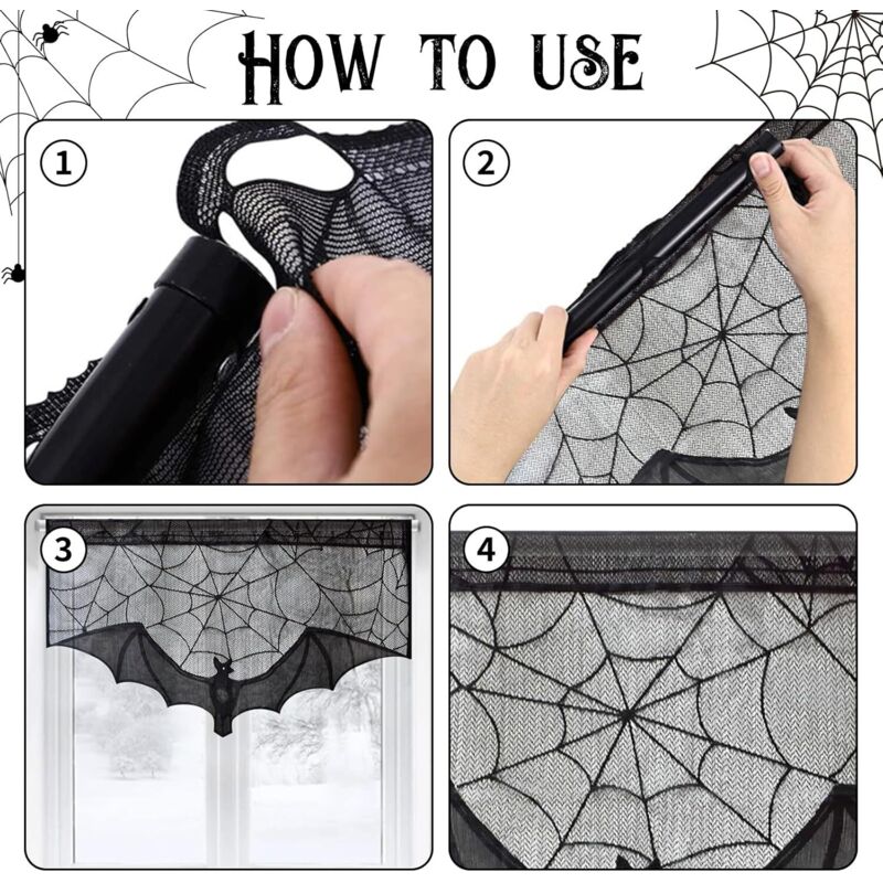 CCYKXA Halloween-Spitzenvorhang, 2 Stück, Halloween-Spitzentürvorhang, schwarze Spitzenvorhänge, Spitzenvorhänge mit Fledermausmuster, gotische