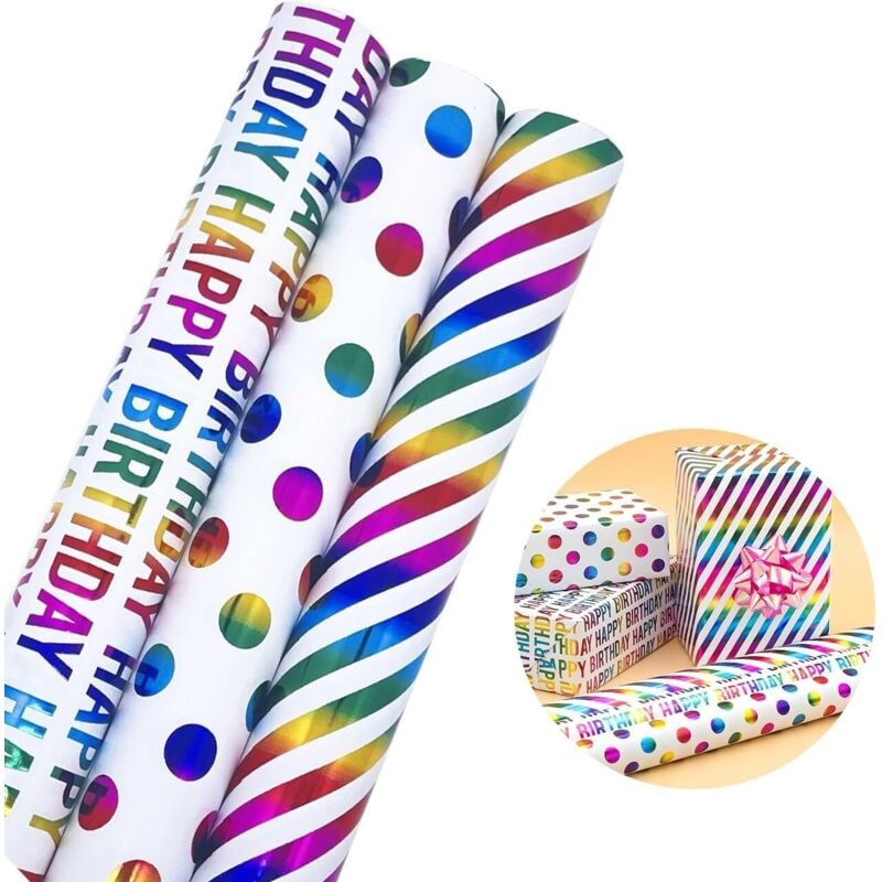 CCYKXA Rollen buntes Geschenkpapier 43 cm x 3 m, mehrfarbiges Geschenkpapier (Punktmuster/Diagonalmuster/Happy Birthday)