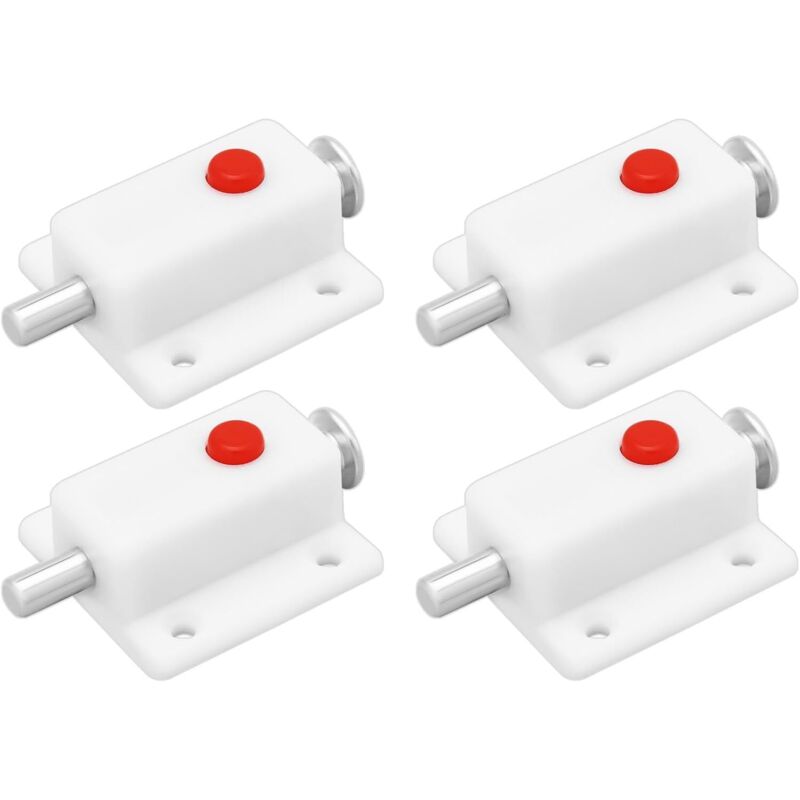 CCYKXA Set mit 4 weißen, automatischen Türriegeln aus Kunststoff mit Federmechanismus für Schranktüren, Kleiderschranktüren, Kinderbetten und Fenster