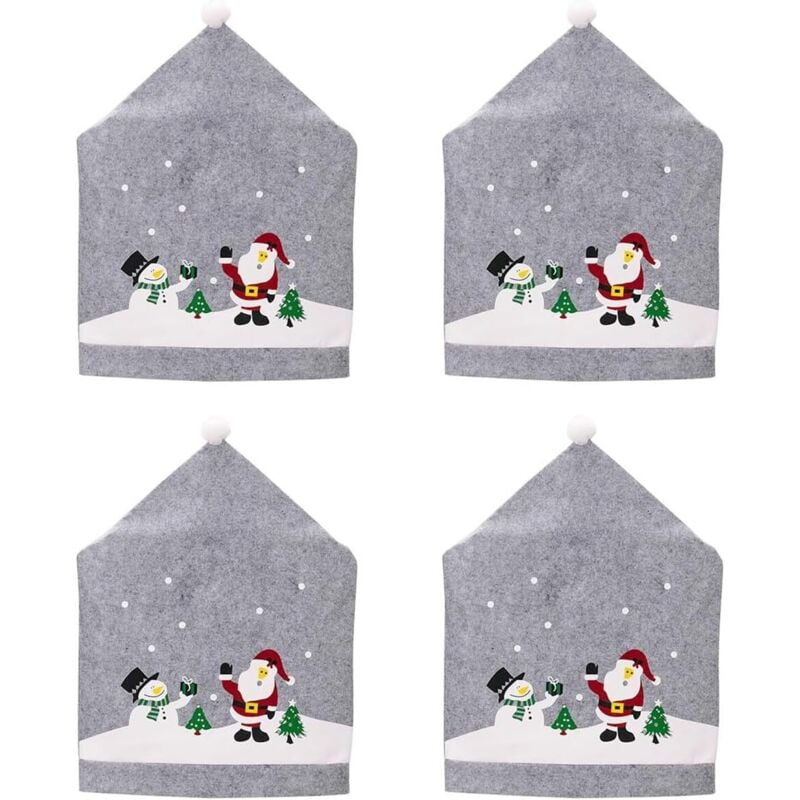 CCYKXA Weihnachtsstuhlhussen, 4er-Set, Esszimmerstuhlhussen mit Weihnachtsmannmütze, universelle, waschbare graue Stuhlhussen für Weihnachts-, Fest-,
