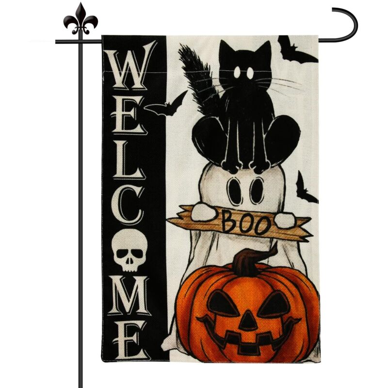 Halloween-Banner, doppelseitige Gartenflagge, 30 x 45 cm, gruseliger Katzenkürbis, Halloween-Gartenflagge, Banner für Halloween, Innen- und