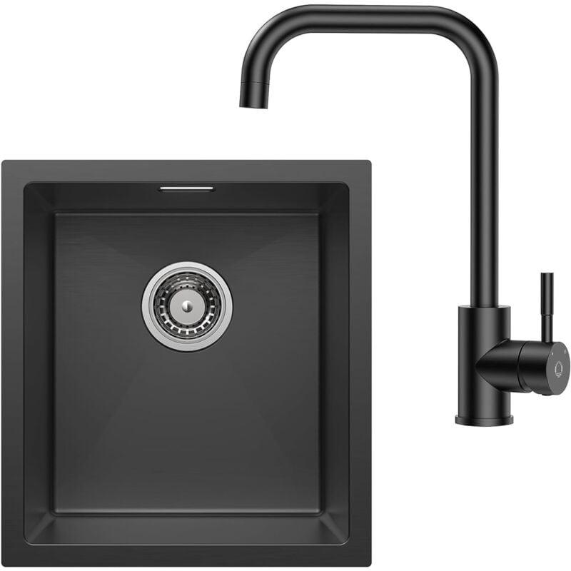 Cecipa - Schwarze Spüle mit Armatur, Wasserhahn Küche Schwarz, Küchenspüle Edelstahl Rechteckig, Spüle Schwarz, Edelstahlspüle ohne Hahnloch,