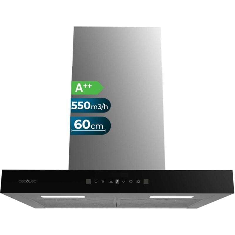 Cecotec Dunstabzugshaube 60 cm Typ T Bolero Flux TT 605500 Glas Schwarz A++. 70W, schwarze Glasfront, niedriger Stromverbrauch, Absaugung 550m3/h,