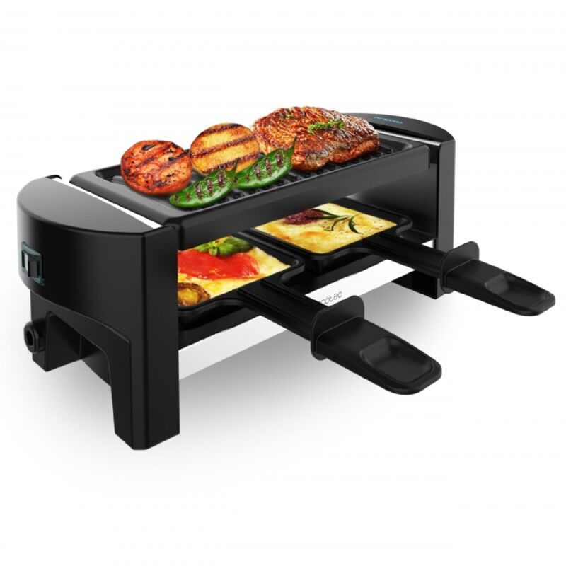 Cecotec Raclette mit Elektrogrill für 2 Personen Raclette Cheese&Grill 3200 Pocket. 320W, Edelstahl-Finish, Antihaft-Grillpfanne mit Grillfläche,