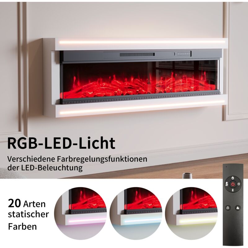 Elektrischer Wandkamin – 60 Zoll – mit 12 Farben, Helligkeit und Geschwindigkeit einstellbar – hohe Leuchtkraft – weiß