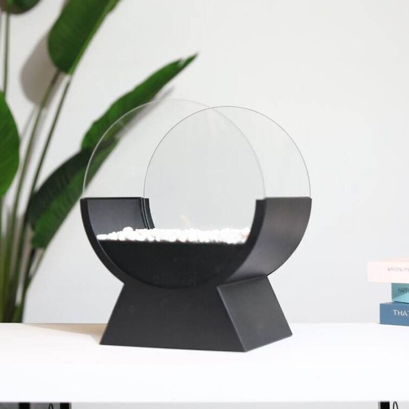 Tragbarer Ethanol-Kamin, 32 cm runde Glasfeuerstelle für den Innen- und Außenbereich – Schwarz