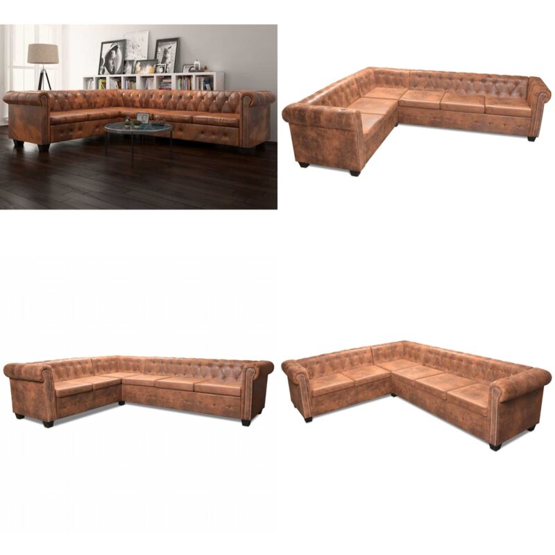 Chesterfield-Ecksofa 6-Sitzer Kunstleder Braun - Eckcouch - Lederlook Couch - Sofas - Ecksofa - Wohnzimmer Möbel - Home & Living