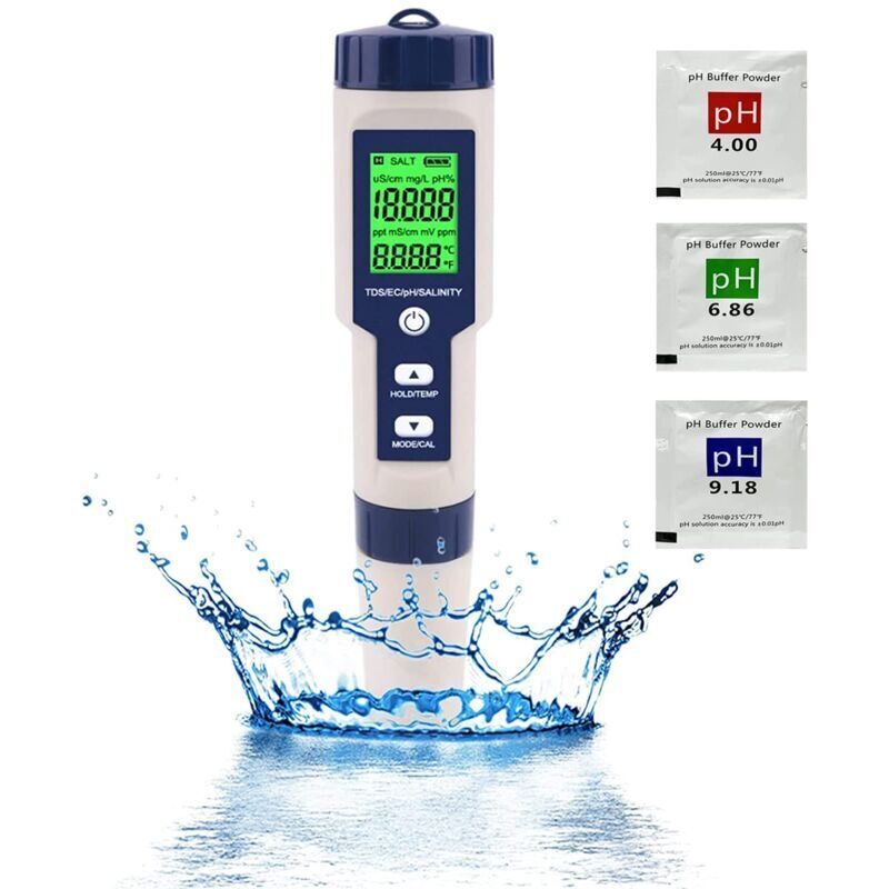 CHOYCLIT pH-Messgerät, 5-in-1-PH/TDS/EC/Salzgehalt/Temperaturmessgerät, Wasserqualitäts-Monitor-Tester für Pools, Hydrokultur, Trinkwasser, Aquarien