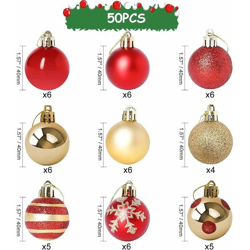 Weihnachtskugeln, 50 Stück Christbaumschmuck Weihnachtskugeln mit Rot und Gold Weihnachtskugel, Christbaumschmuck Weihnachtskugeln mit Umhängeband für