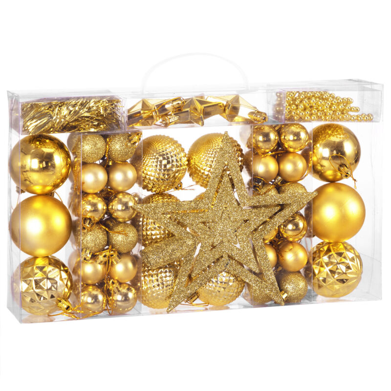 Casaria® Weihnachtskugeln 66tlg ø 3-6cm Kunststoff matt glänzend Christbaumschmuck Anhänger Christbaumkugeln Weihnachtsdeko Weihnachtsbaum gold