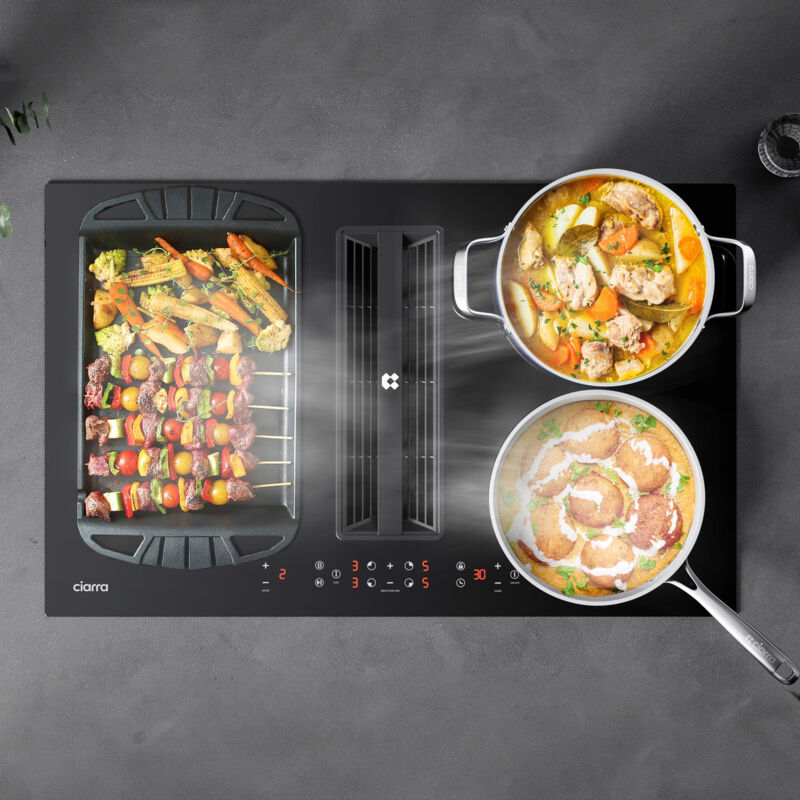 CIARRA ONE Kochfeld mit Dunstabzug CBBEH834BBF 83 cm Kochfeldabzug Boost Touch-Control mit 4 Platten 1 Flex Zone