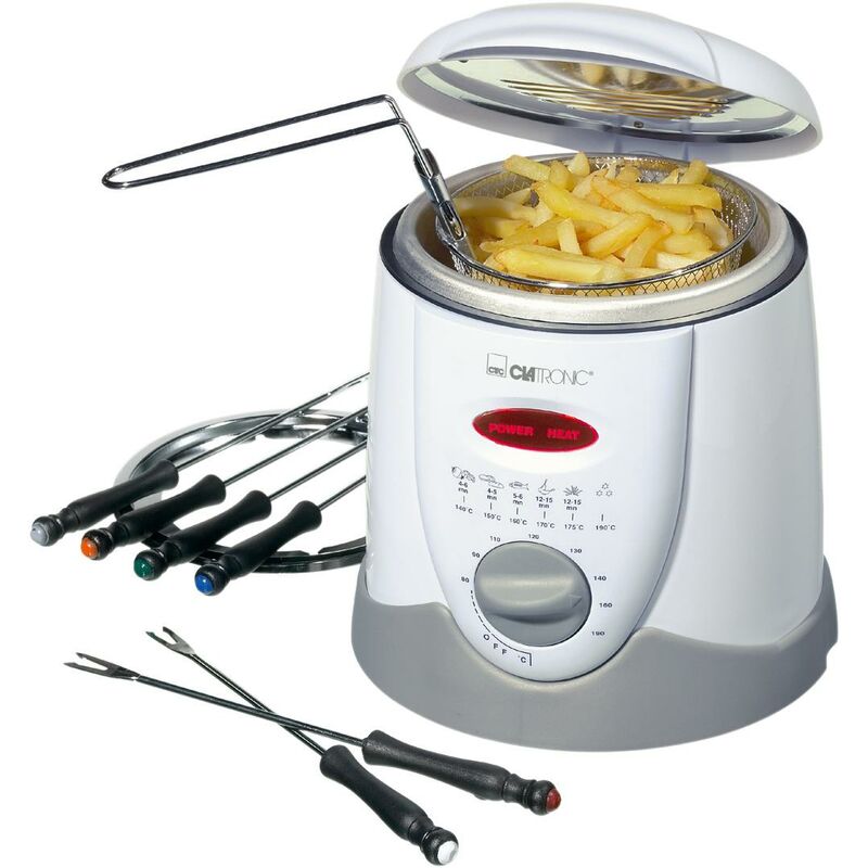 Clatronic FFR 2916 Fritteuse, Inhalt 1 Liter, 6 Fonduegabeln, 900 W, 1 Liter, Kunststoff, Weiß