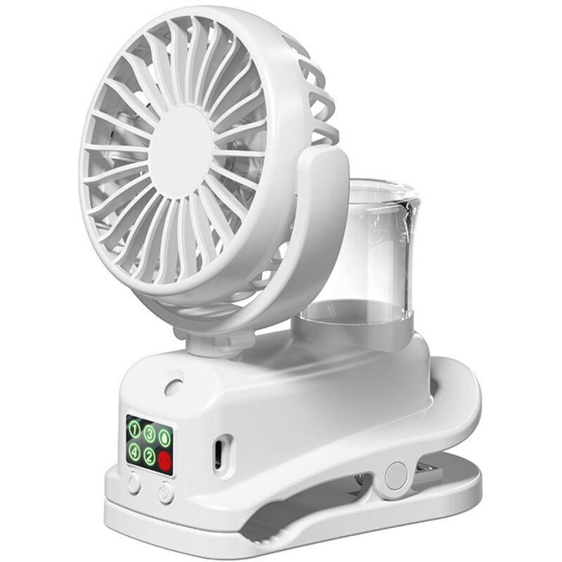 Clip-Ventilator mit LED-Anzeige, Mini-Ventilator mit Akku, 4 Geschwindigkeitsstufen, USB-Ventilator, Reiseaccessoire für Outdoor, Büro, Camping (Weiß)