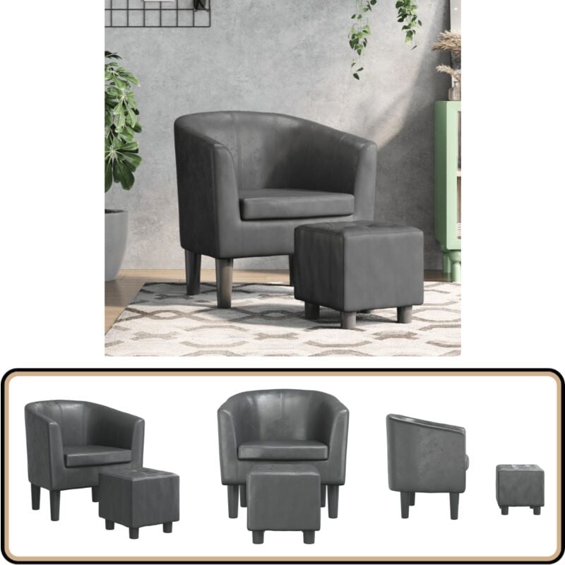 Clubsessel mit Fußhocker Grau Kunstleder - Clubsessel - Sessel - Lounge Chair - Grauer Sessel - Lederlook Sessel