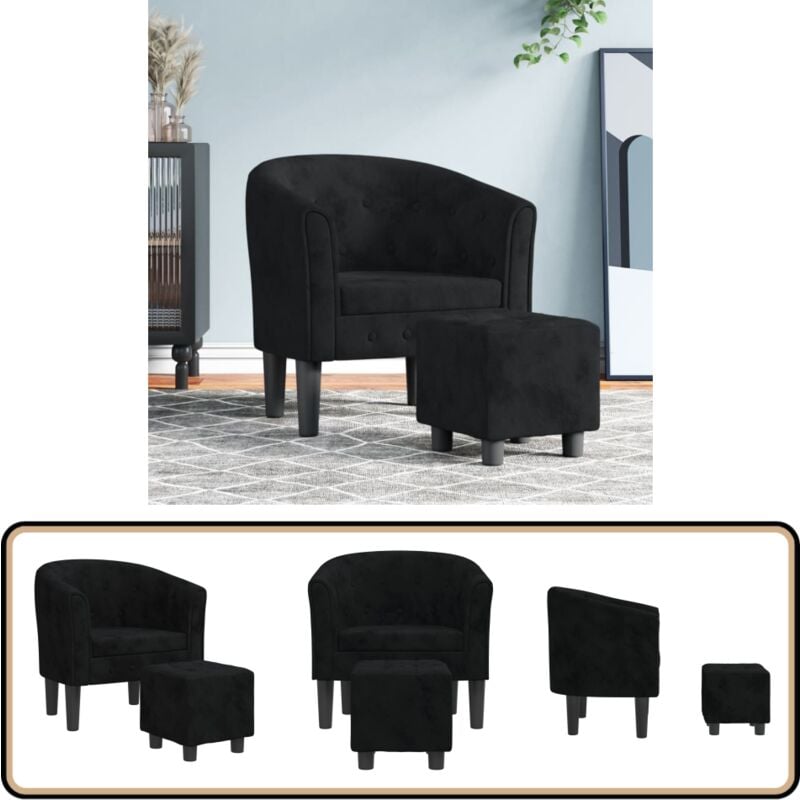 Clubsessel mit Fußhocker Schwarz Samt - Samtsofa - Lounge Chair - Beistelltisch - Sessel Schwarz - Gemütlicher Sessel