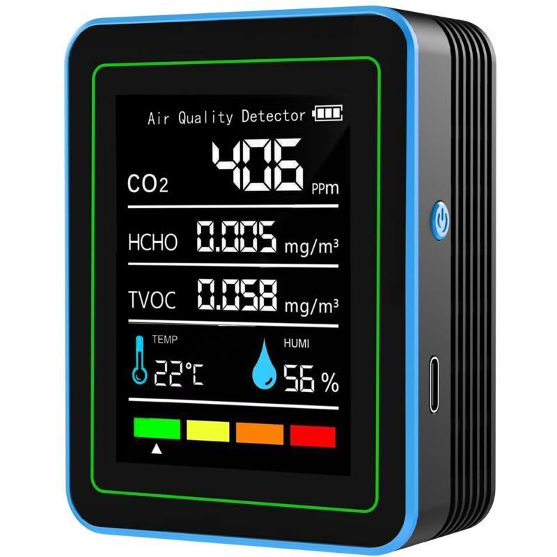 CO2-Monitor, 5-in-1-Raumluftqualitätsmonitor, tragbarer Kohlendioxid-Detektor, LCD-Hintergrundbeleuchtung, CO2-, TVOC-, HCHO-, PM2,5- und PM10-Tester