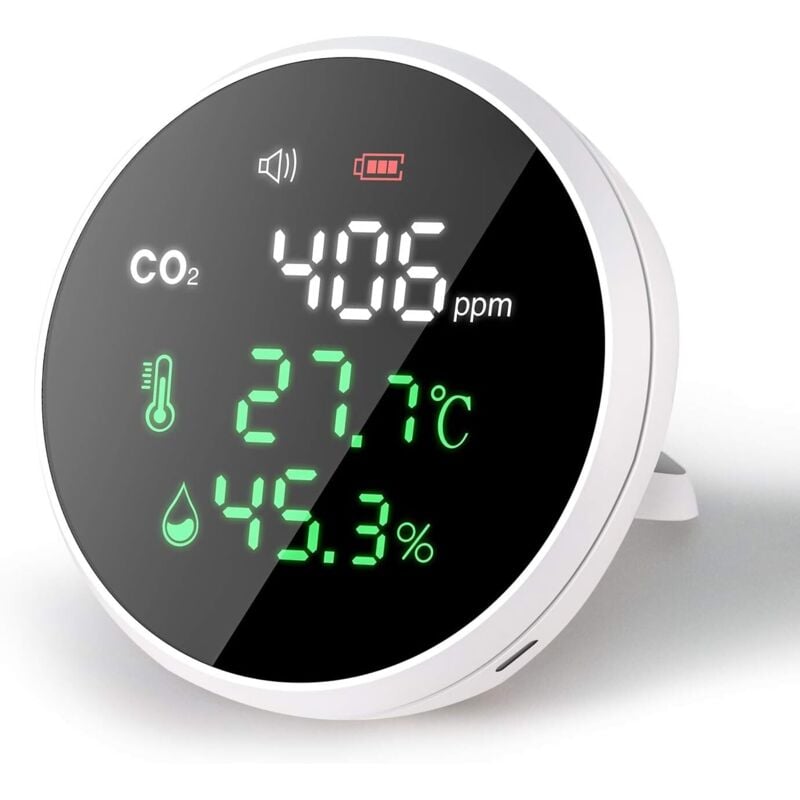 CO2-Monitor, CO2-Sensor, Raumluftqualitätsmonitor für CO2-Temperatur-Luftfeuchtigkeit mit LCD-Anzeige und Alarmfunktion – Bereich 400 bis 5000 PPM