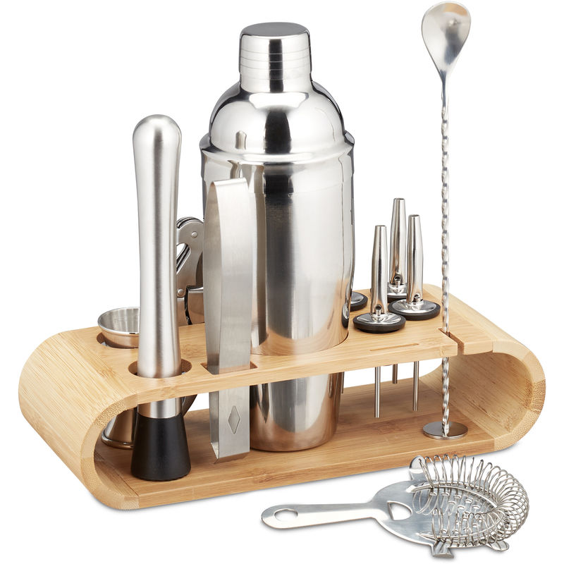 Relaxdays Cocktail Set, 11-teiliges Profi Bar Set, Ständer, Shaker, Barmaß, Ausgießer, Eiszange, Edelstahl, silber/natur