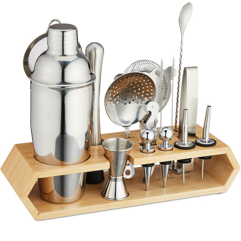 Relaxdays Cocktail Set, 16-tlg. Barset mit Ständer, Shaker, Barmaß, Barlöffel, Zange, Edelstahl & Bambus, silber/natur