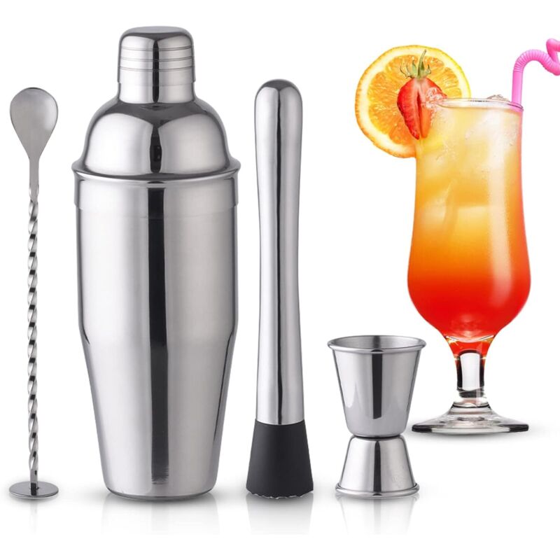 Cocktailshaker aus Edelstahl mit Barzubehör, 750 ml Cocktailmixer-Set für die Hausbar, mit Shaker, Messbecher, Löffel und Stößel