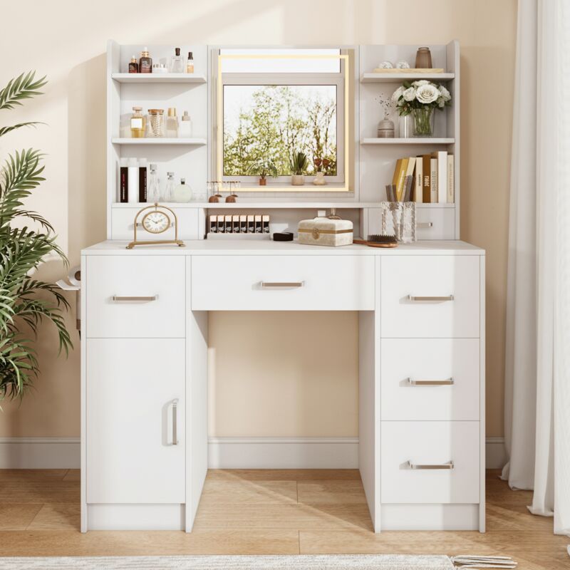 Schminktisch mit Spiegel und Ladestation – Schminktisch mit integrierter LED-Beleuchtung, 8 Schubladen, 4 Regale, 110×40×140 cm, Modern – Weiß