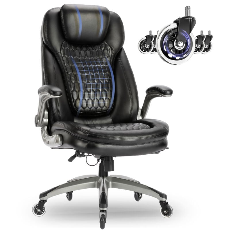 Bürostuhl – Ergonomischer Bürostuhl mit 13,5 cm dickem Sitzkissen, klappbaren Armlehnen, moderner Lederoptik, verbesserten geräuschlosen Rollen,