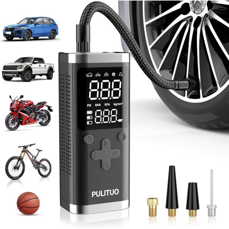 Pulituo - Compresseur d'air portable pour pneus de voiture, pompe à air sans fil 150 psi avec batterie et double alimentation 12 v cc, pompe à vélo