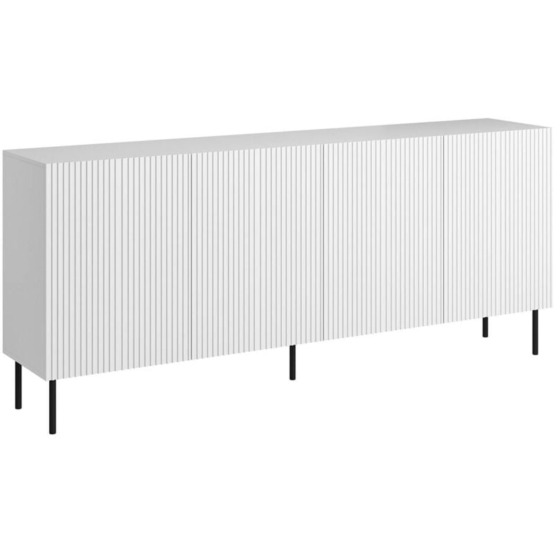 Sideboard Corana, Wohnzimmer-Sideboard mit vier Flügeltüren, hochgezogen, 200 x 42 x 82 cm, weiß