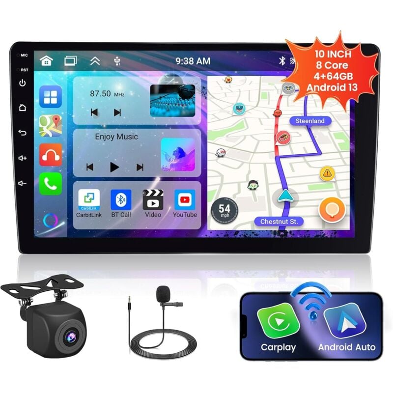 Core 4+64GB】 10,1 Zoll Android 13 Dual Din Autoradio Kabelloses Carplay Android Auto Touchscreen Autoradio GPS WiFi Bluetooth 32EQ DSP SWC Mikrofon