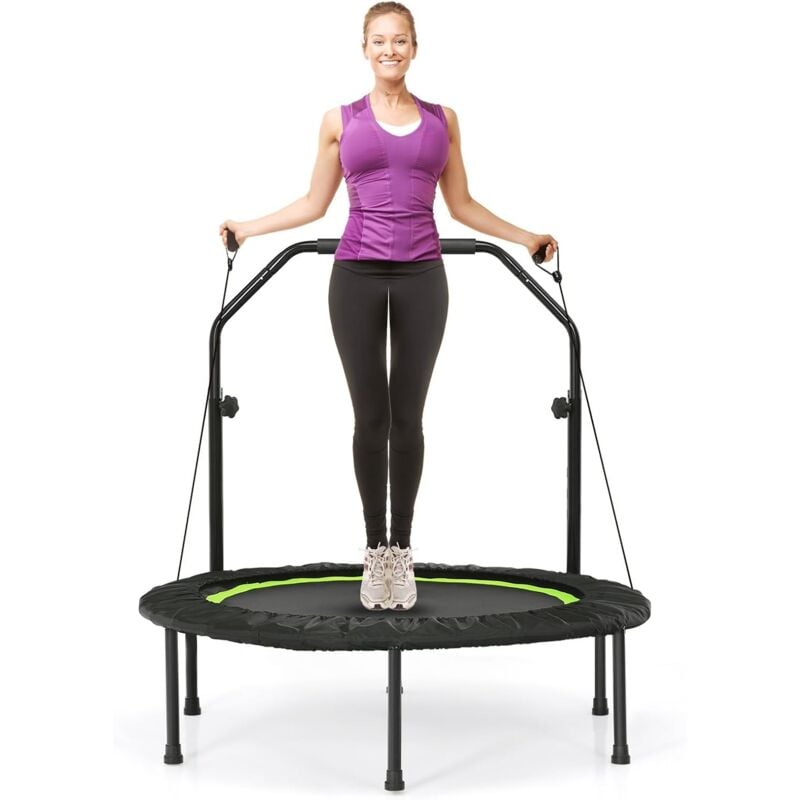 Costway - 101cm Mini Trampolin, Fitness Trampolin mit höhenverstellbarm Haltegriff & 2 Widerstandsbändern, Kindertrampolin faltbar, Gartentrampolin