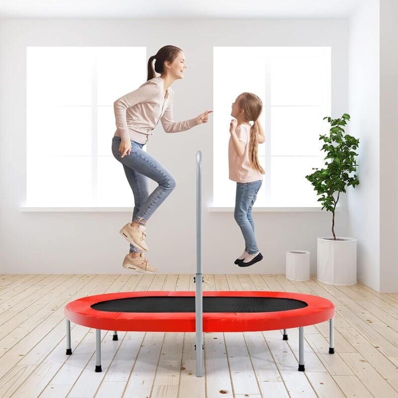 2 Personen Trampolin mit hoehenverstellbarm Haltegriff, Mini Trampolin bis 150kg belastbar, Kindertrampolin klappbar, Gartentrampolin für Kinder und