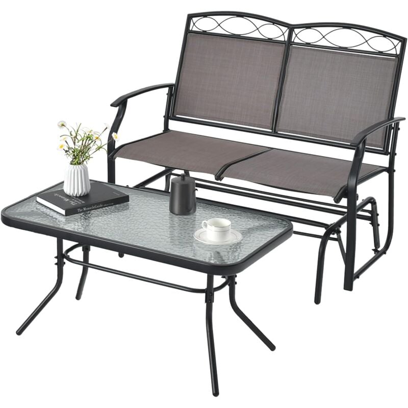 2-Sitzer Schaukelbank mit Couchtisch, Gartenbank aus Textilene, Sitzbank, Balkonmöbel-Set, Gartenmöbel, Gartengarnitur, Balkonset, Sitzgruppe für