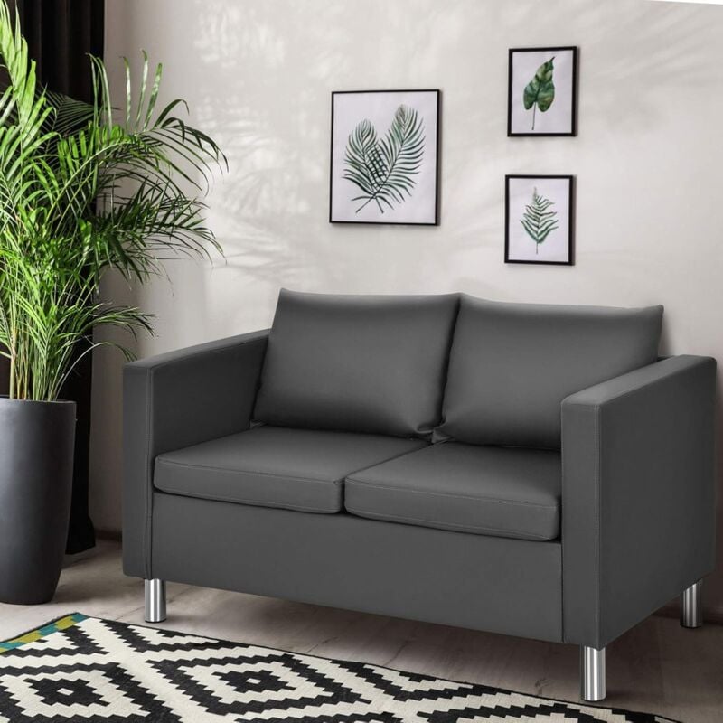 Costway - 2 Sitzer Sofa mit Kissen, Sofagarnitur Kunstleder, Couchgarnitur perfekt für Zuhause und Büro, grau