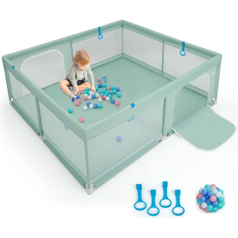 COSTWAY 200 x 180cm Laufstall baby faltbar, Laufgitter mit 50 Ozeanbällen & 4 Griffen, Krabbelgitter mit atmungsaktiver Mesh & Tür, Laufgitterzelt